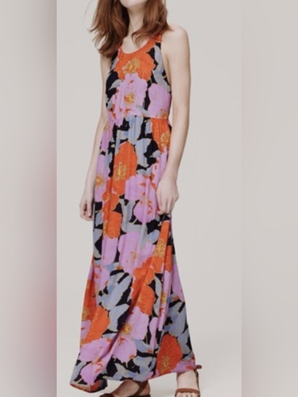 LOFT Floral Maxi Dress Size 8 Purple Orange Cross Back Sleeveless